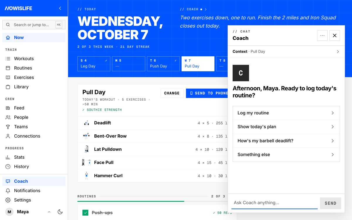 Coach open on the web beside today's page: a greeting and four replies to pick from