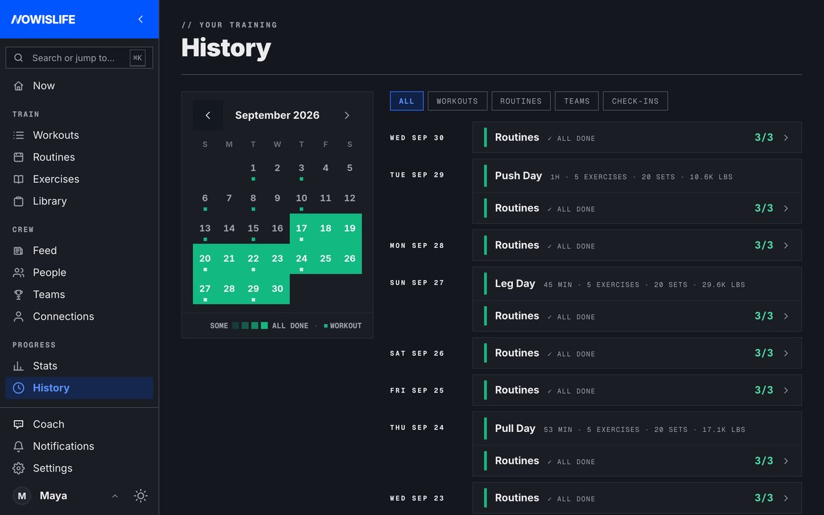 History on the web: a month of logged days, one day open beside its sessions and routines