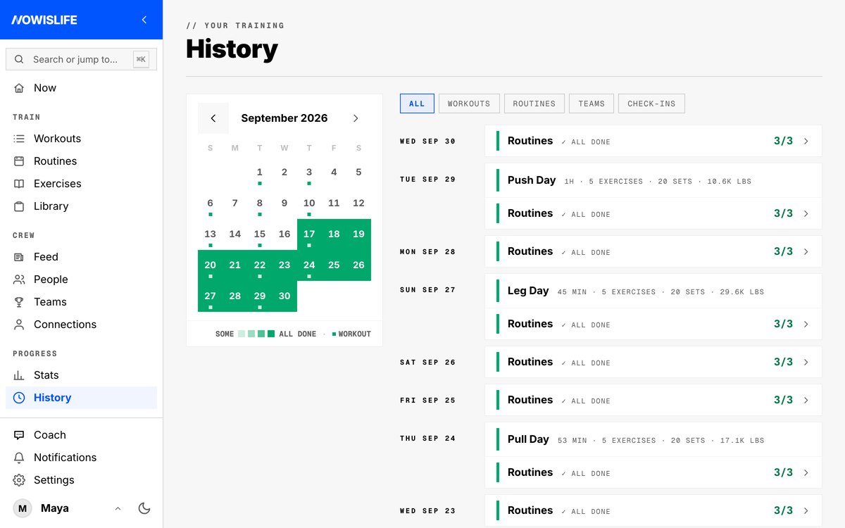 History on the web: a month of logged days, one day open beside its sessions and routines