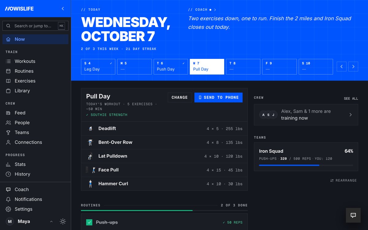 Now on the web: the date, a line from Coach, and the week on one blue band, with today's plan and routines below