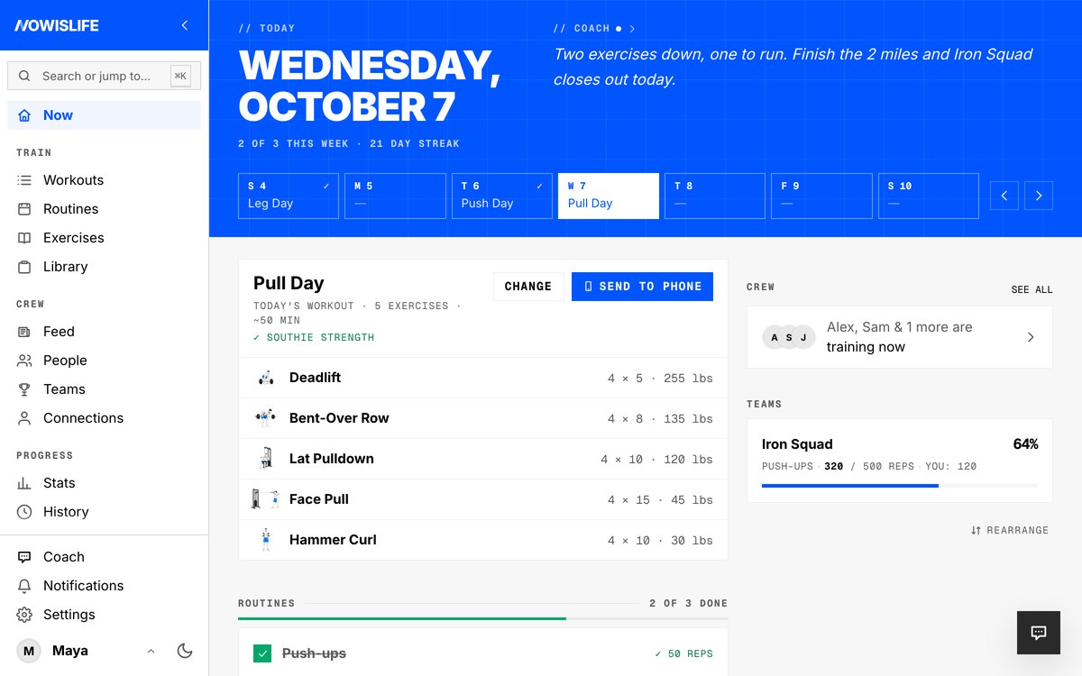 Now on the web: the date, a line from Coach, and the week on one blue band, with today's plan and routines below