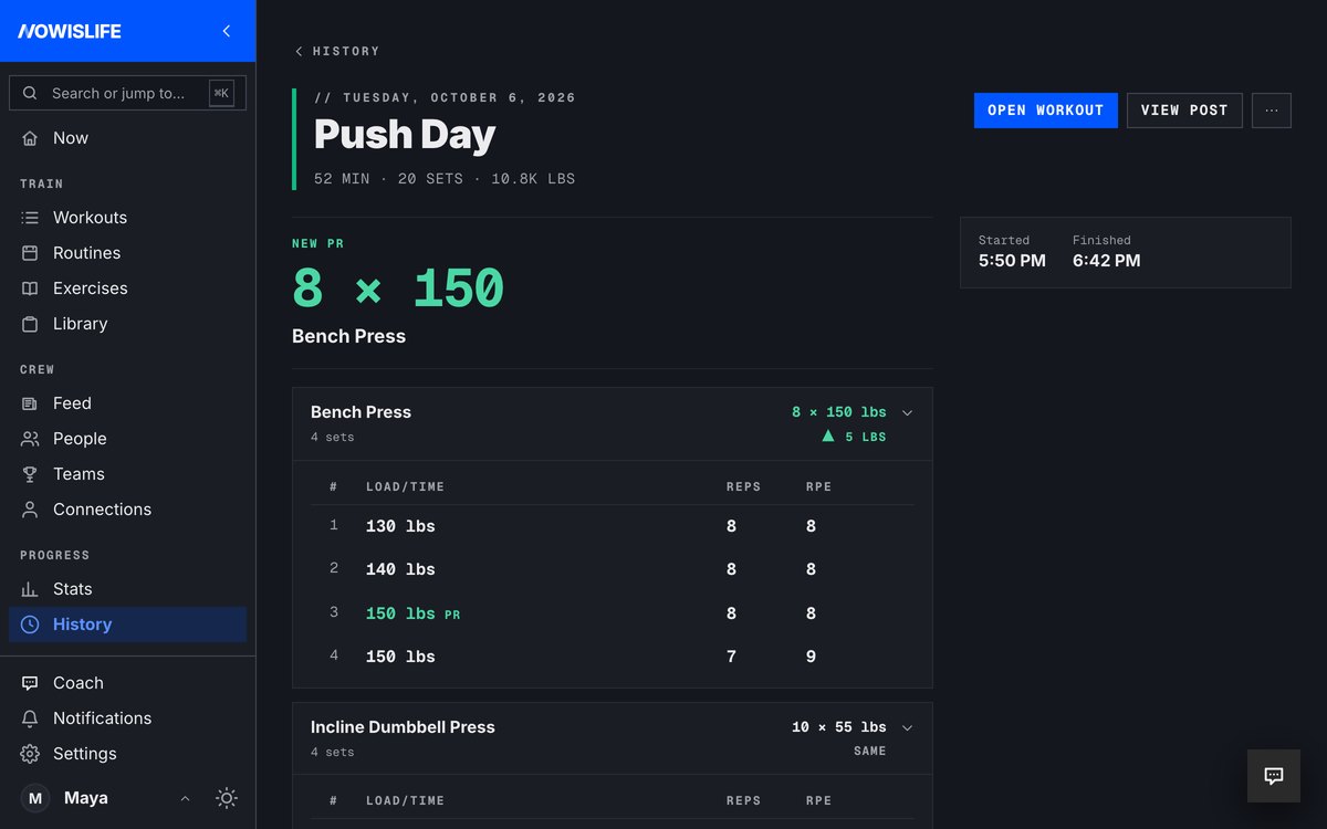 A session on the web: the new PR in green, then every exercise with its sets and its change since last time