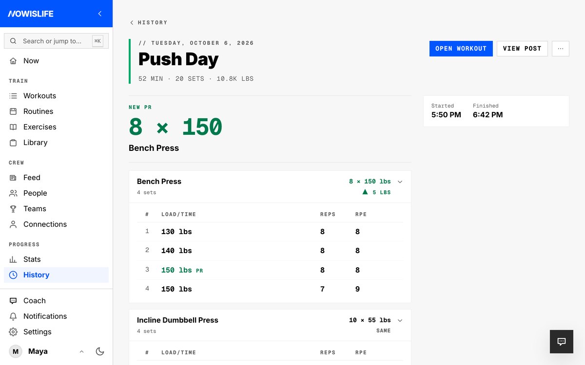 A session on the web: the new PR in green, then every exercise with its sets and its change since last time