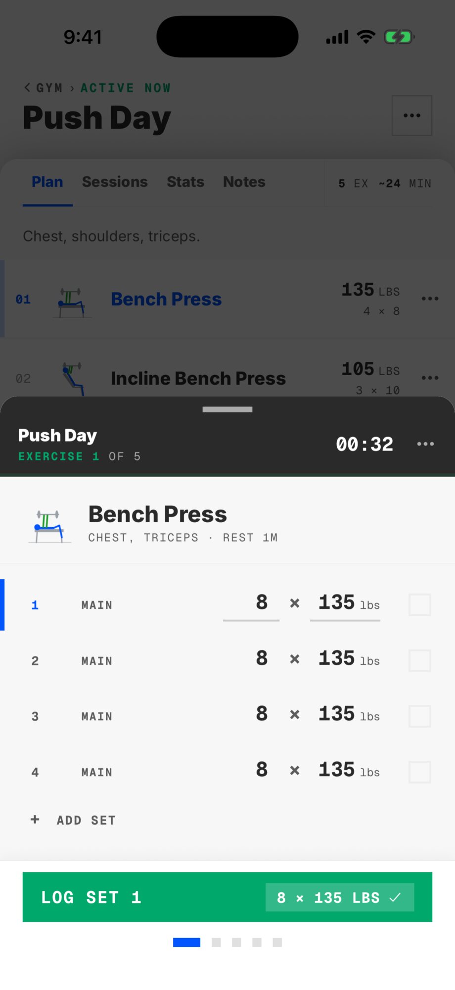 The live tracker mid-session: logging reps and weight with the rest timer running